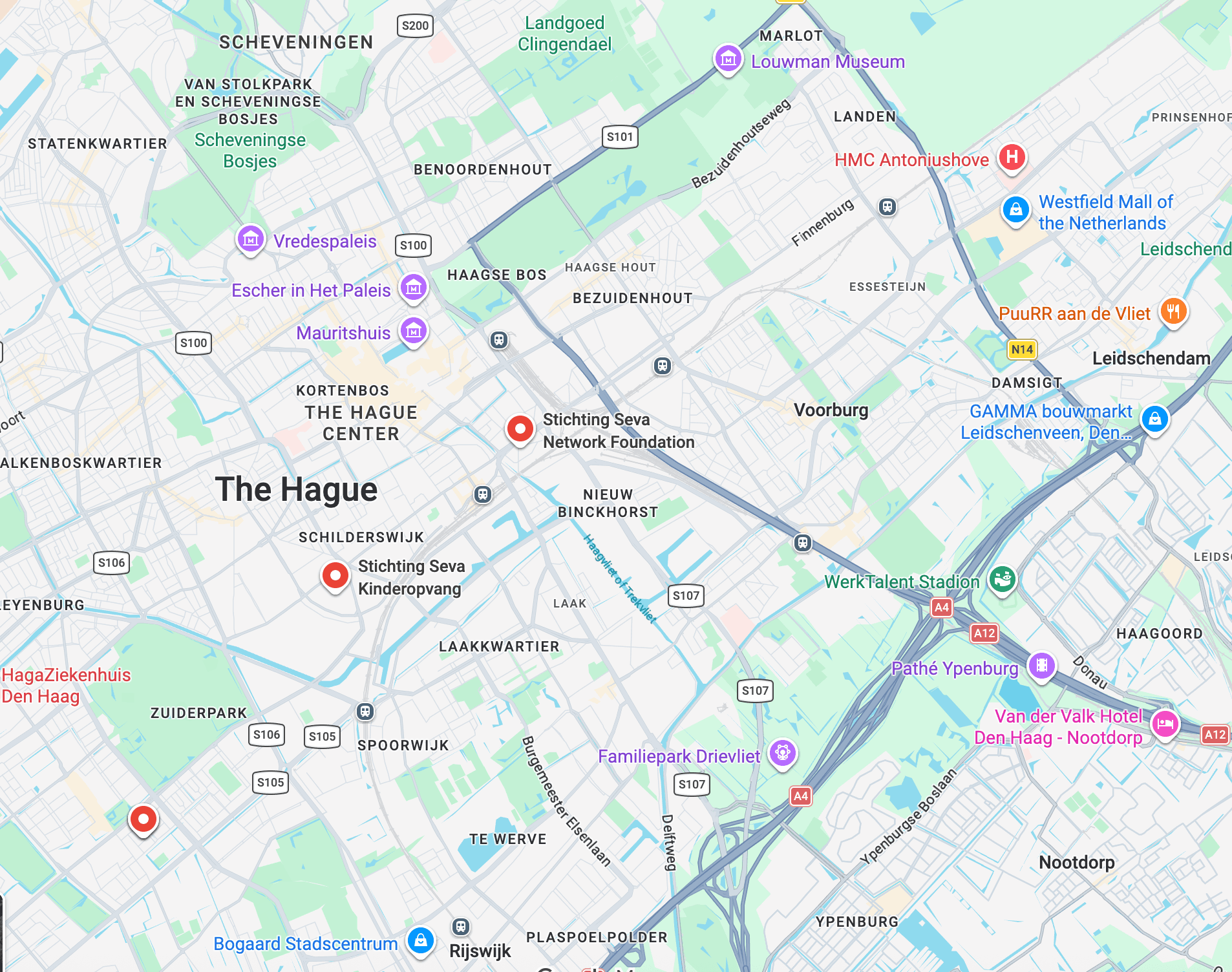 Map of The Hague showing Stichting Seva Europa location